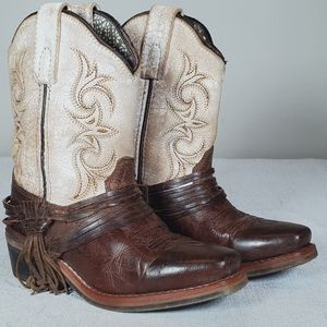 Dan Post Little Kids Distress White Brown Leather Fringe Cowboy Boots Child 11.5